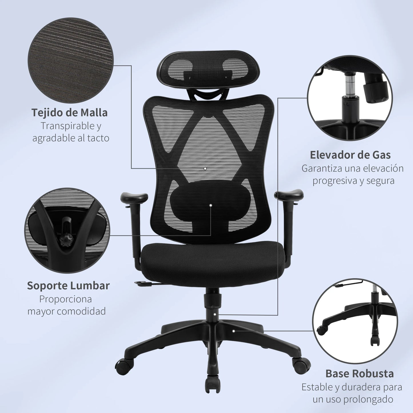 Vinsetto Ergonomic Swivel Office Chair with Adjustable Headrest, 2D Armrests, Lumbar Support, Height Adjustable Mesh Office Chair, Black