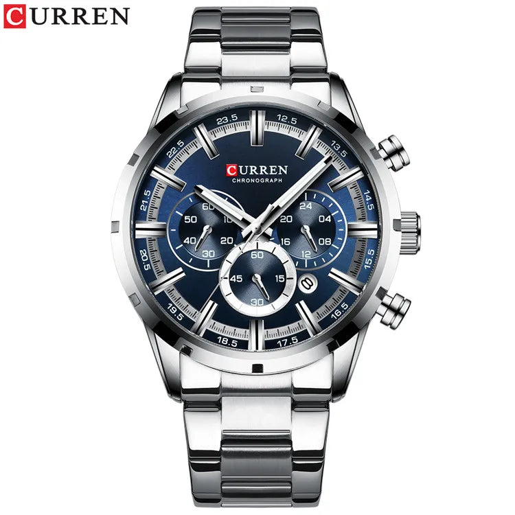 Curren Herrenuhr mit blauem Zifferblatt, Edelstahlarmband und Datumsanzeige – wasserdichte Business-Armbanduhr für Herren im Luxus-Stil
