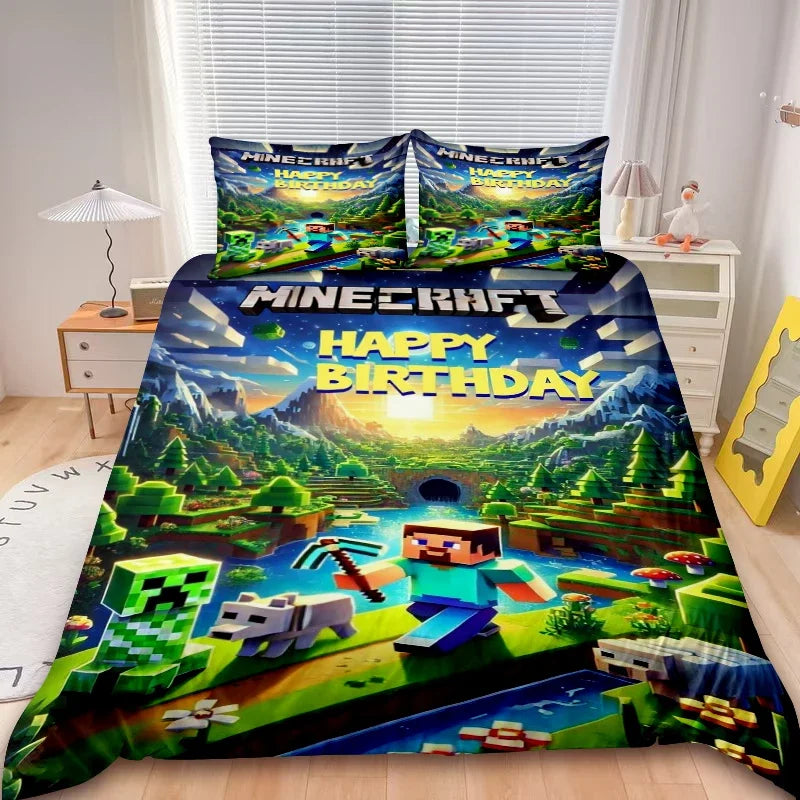 Kids Minecraft 2/3pcs Duvet Cover Set Game My World Bedding Set Comforter Cover Boys Kids for Bedroom Decor Gifts