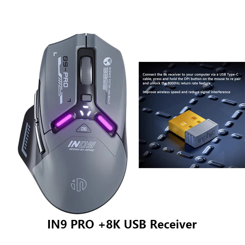 Inphic IN9PRO Wireless Gaming Mouse 26000 DPI Tri-Mode Bluetooth RGB Ergonomic Gaming Mouse with PAW3395 Sensor & 8K Polling Support