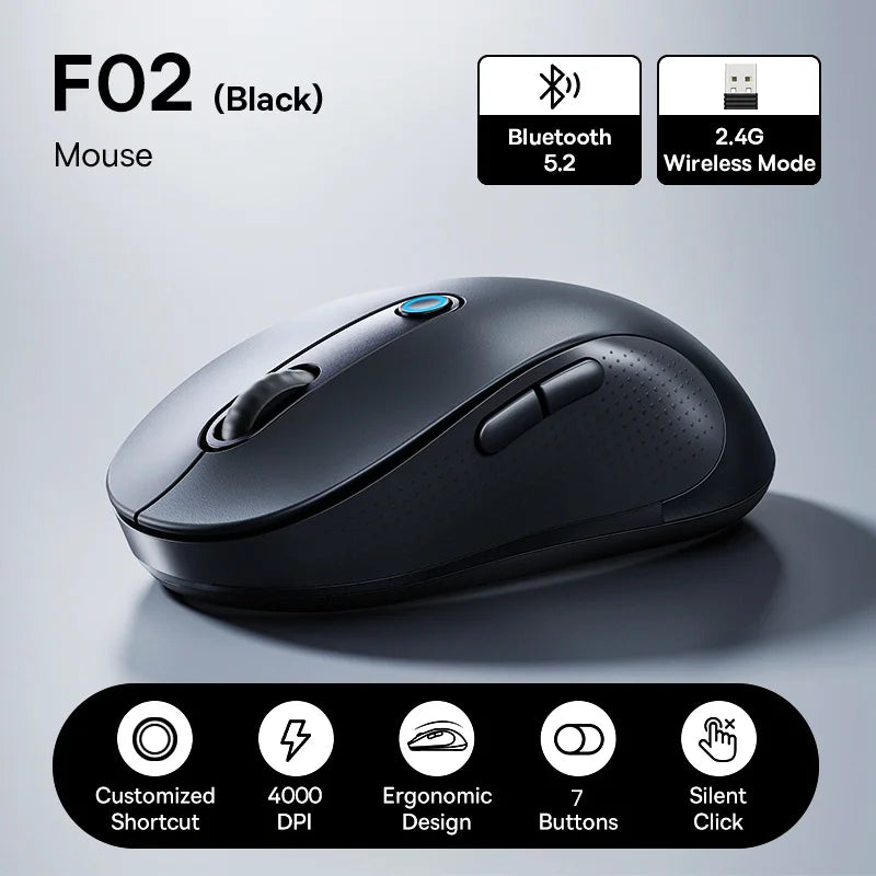 Baseus F02 Ergonomic Wireless Mouse with Bluetooth 5.2, 2.4G, 4000 DPI & 7 Silent Buttons