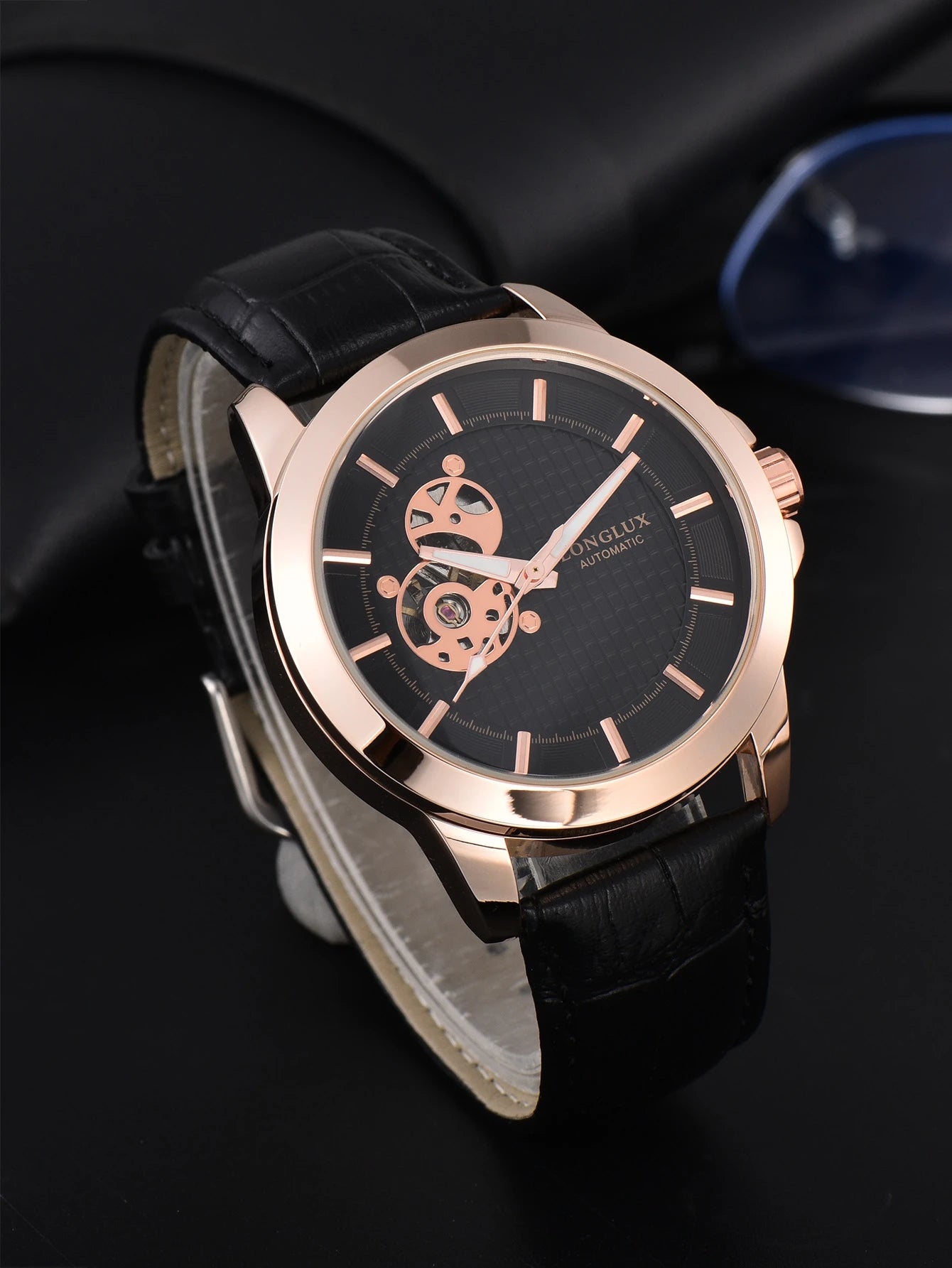 Automatic Watch Minimalist Elegant Everyday Skeleton Waterproof Mechanical Watches Rose Gold Leather Mens Watch Men Gift for Him