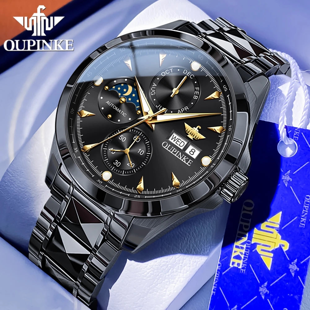 OUPINKE 3299 Automatic Man Watch Exclusive Dual Calendar Luxury Mechanical Wristwatches Moon Phase Waterproof Chronogprah Watch