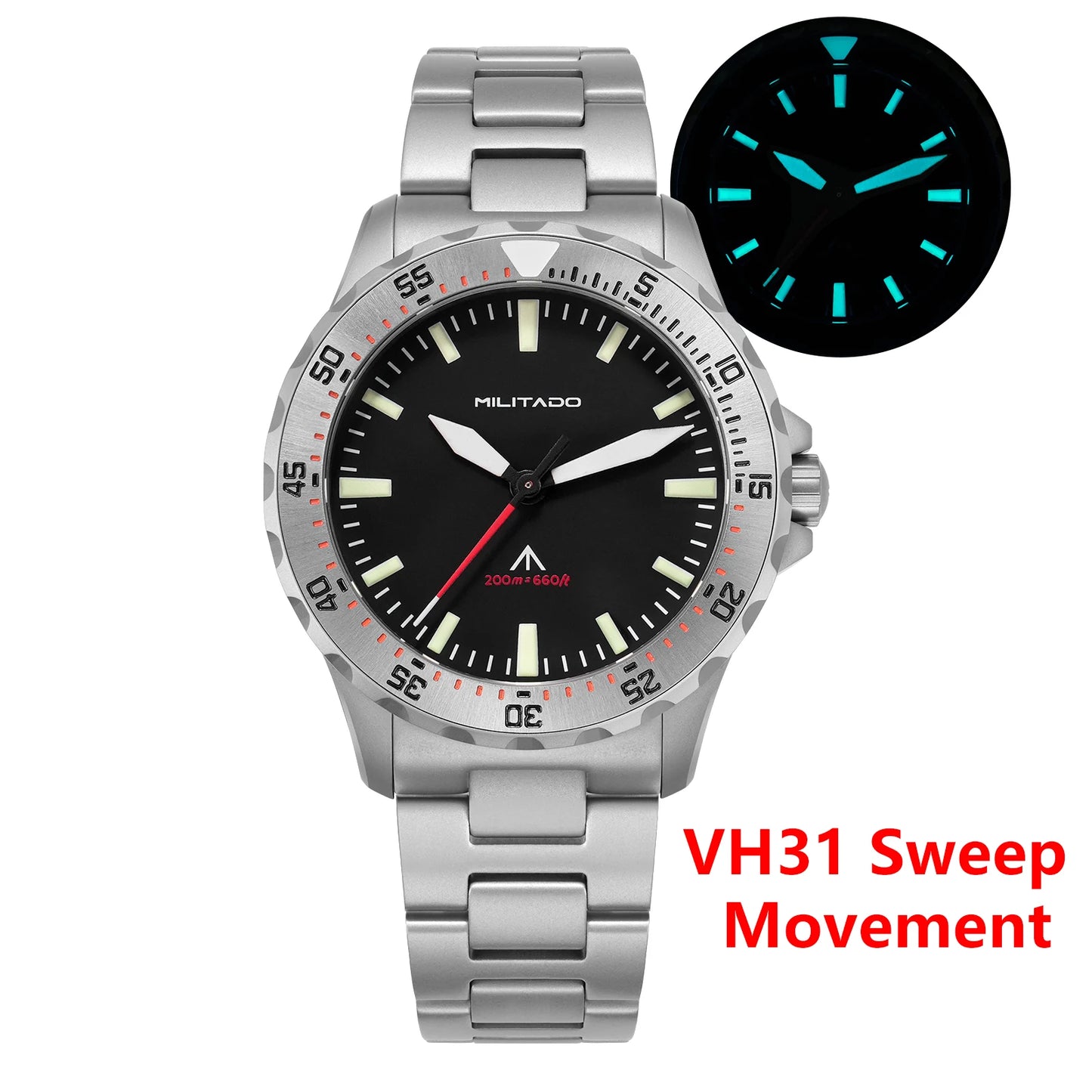 Militado ML16 Watch VH31 Sweep /515 Quartz Movement Sapphire Crystal BGW9 Luminous 200m Water Resistance 38mm Men's Vintage Wath