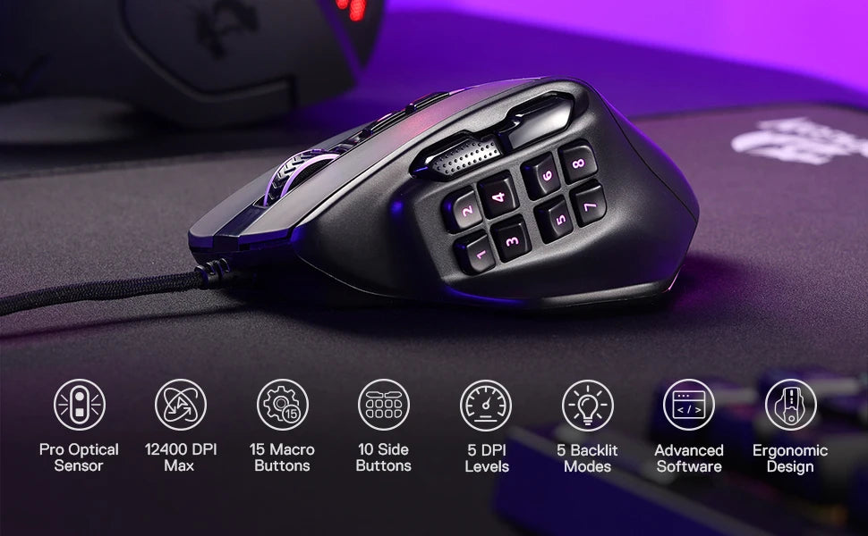 Redragon M811 Aatrox MMO Gaming Mouse, Wired RGB Gaming Mouse with 15 Programmable Buttons, 12400 DPI Ergonomic Optical Gamer Mouse