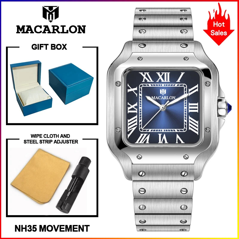 2026 New MACARLON Design 38mm Mechanical Watch Men Sapphire Glass Luminous Stainless Steel Waterproof China NH35 Automatic Watch