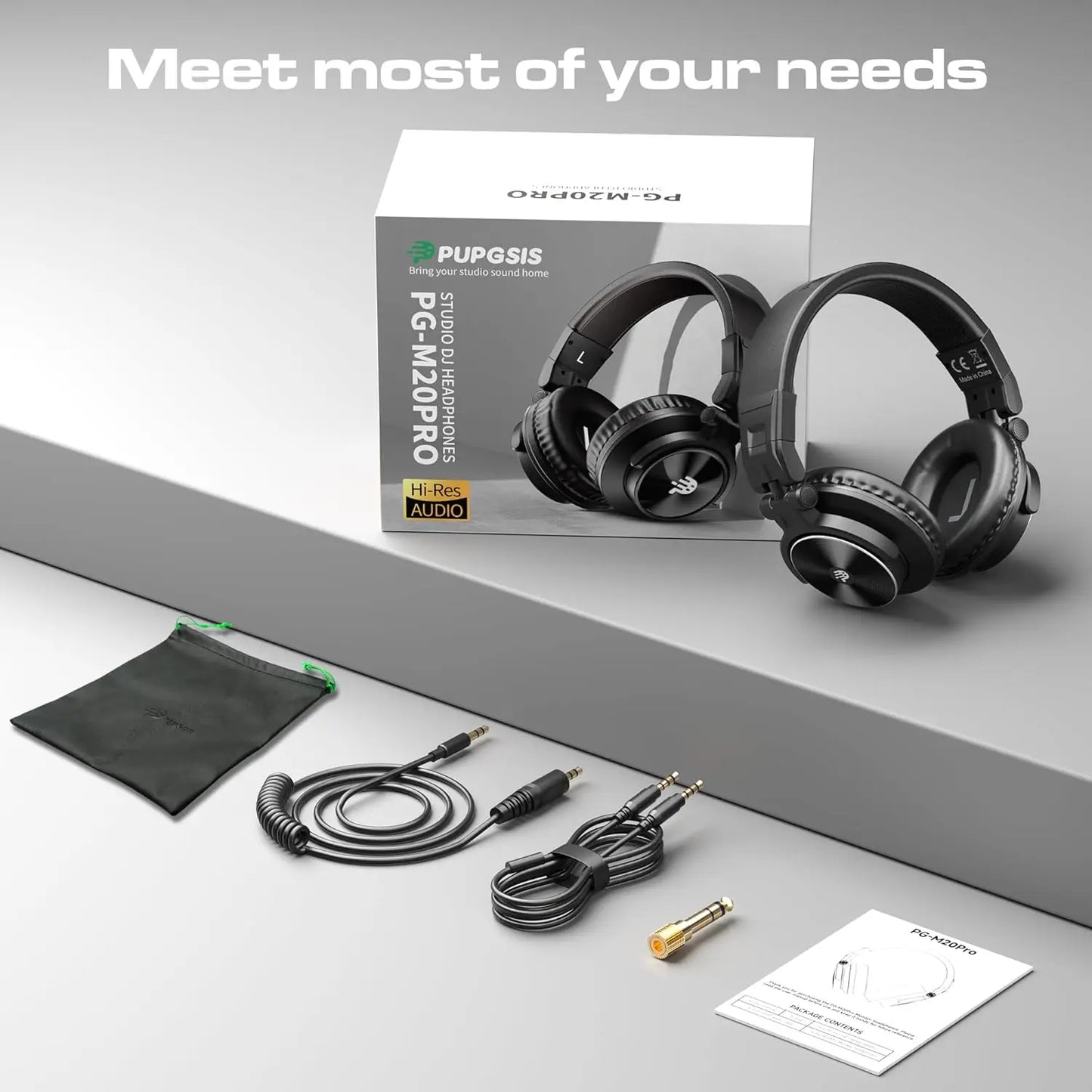 PUPGSIS Studio Headphones Professional DJ Wired Headphones 40kHz Hi-Res Stereo Recording Monitor Headset with 50mm Driver