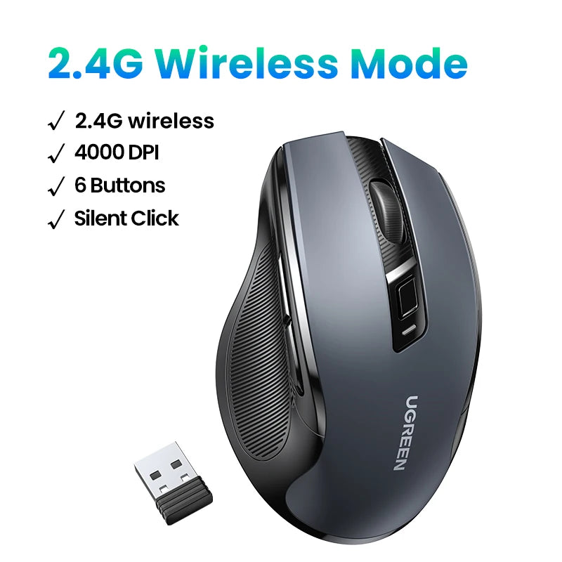 UGREEN Wireless Mouse Bluetooth 5.0 & 2.4G Ergonomic Mouse, 4000 DPI Silent Wireless Mouse with 6 Buttons for Laptop, MacBook, PC & Tablet