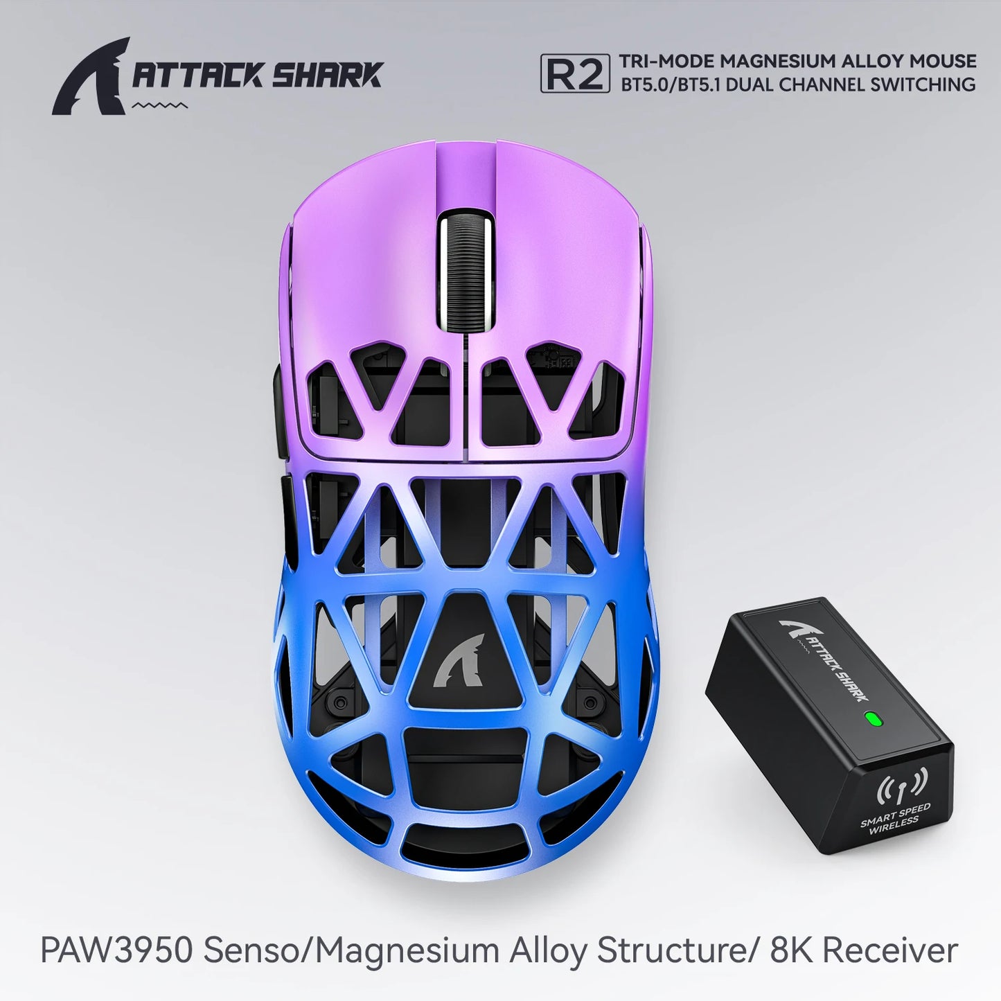 Attack Shark R2 Gaming Wireless Mouse PAW3950 8K Magnesium Alloy Lightweight Gaming Mouse Bluetooth Tri-Mode for Gaming/Office