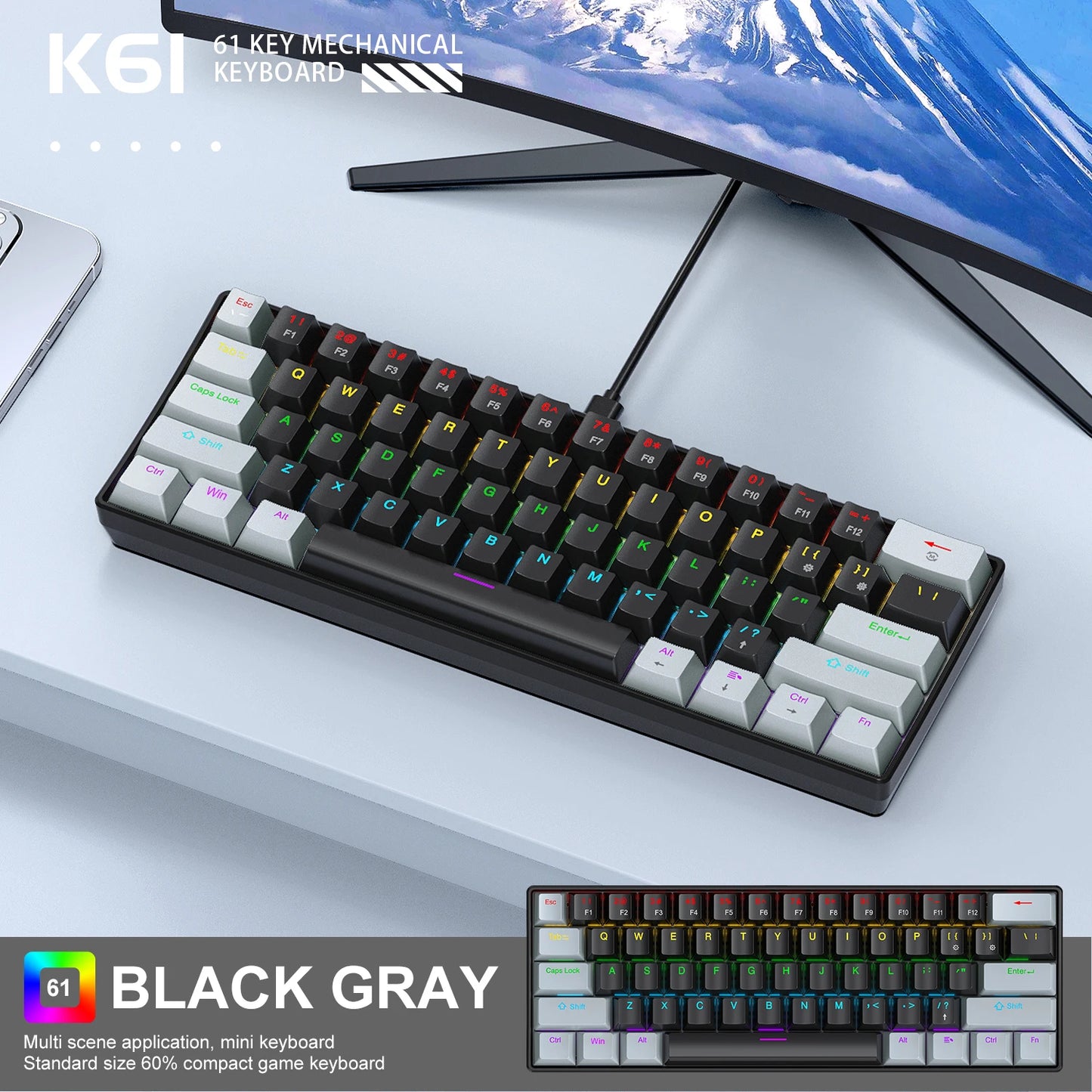 APAYADO K61 Mini Mechanical Keyboard 61-Key Wired Gaming Keyboard with Hot-Swappable Red/Blue Switches, RGB Backlit 60% Compact Mechanical Keyboard