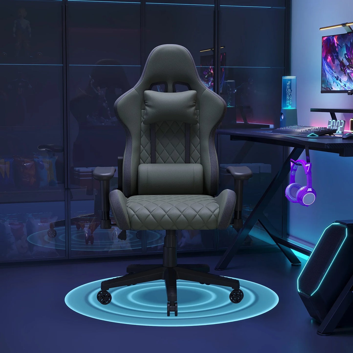 Ergonomic Gaming Chair with Massage Function, RGB LED Lights, Reclining Office Chair, Premium Leather Computer Chair with Lumbar Support