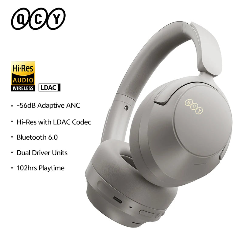 QCY H3S -56dB ANC adaptativa Auriculares Bluetooth 6.0 circumaurales – Auriculares inalámbricos Hi-Res LDAC, batería de 102H, sonido espacial con doble transductor