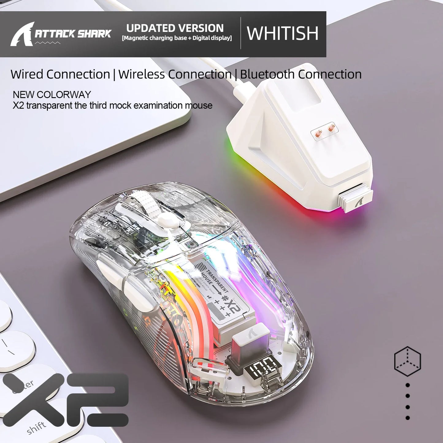 Attack Shark X2PRO Bluetooth Mouse Tri-Mode Wireless RGB Gaming Mouse with Magnetic Charging Dock, Transparent Design, Battery Indicator for PC, Laptop & Mobile