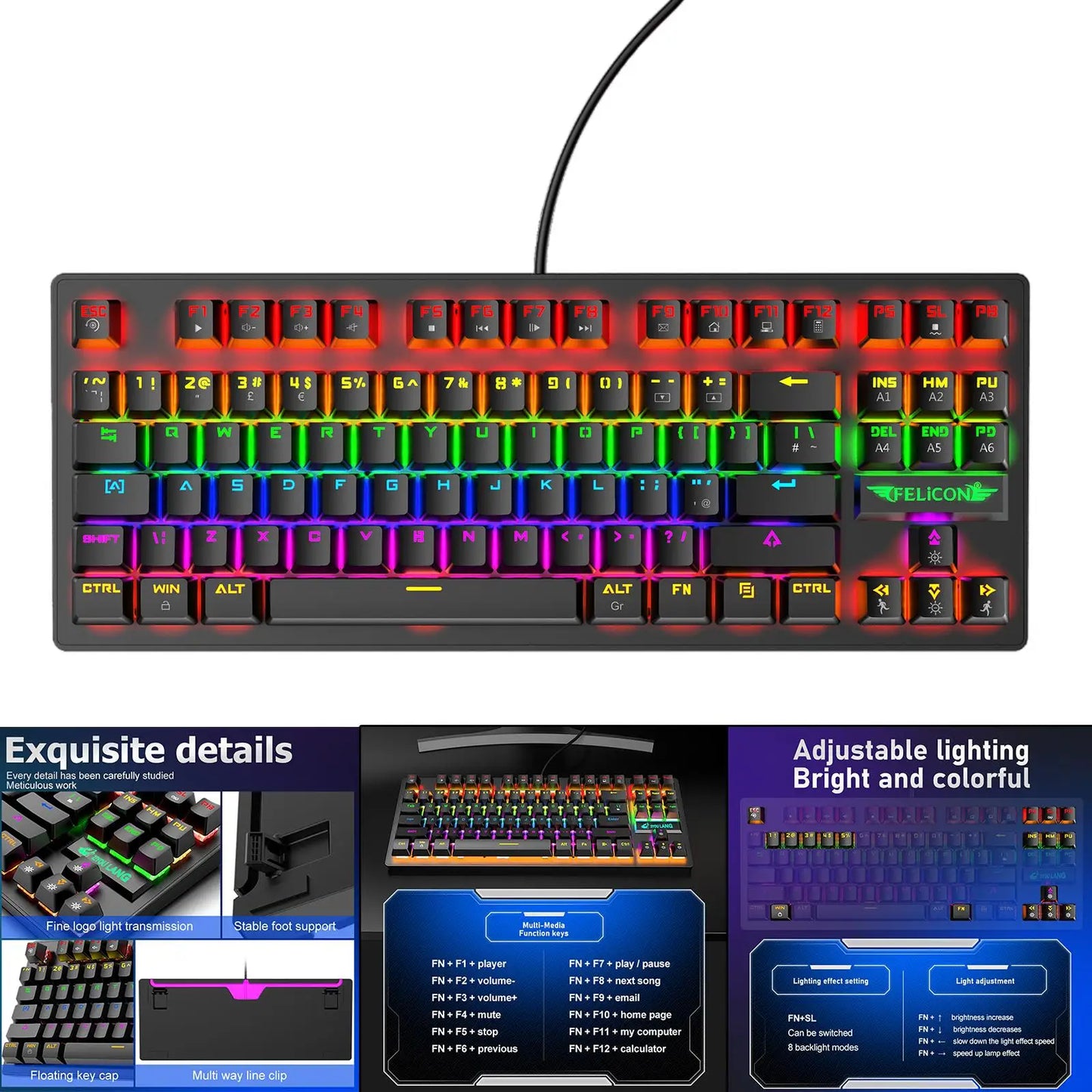 USB Mechanical Gaming Keyboard with Rainbow Backlit, Anti-Ghosting Keys, Blue Switches, Detachable Panel, Compact Wired Gaming Keyboard for PC Desktop