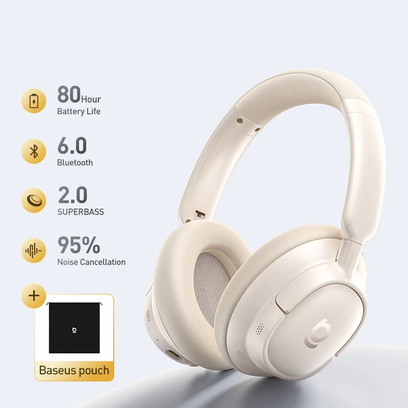 Baseus Bass BH1 NC Lite ANC Wireless Headphones Bluetooth 6.0 Noise Cancelling Headset 80H Battery Over Ear Earphones