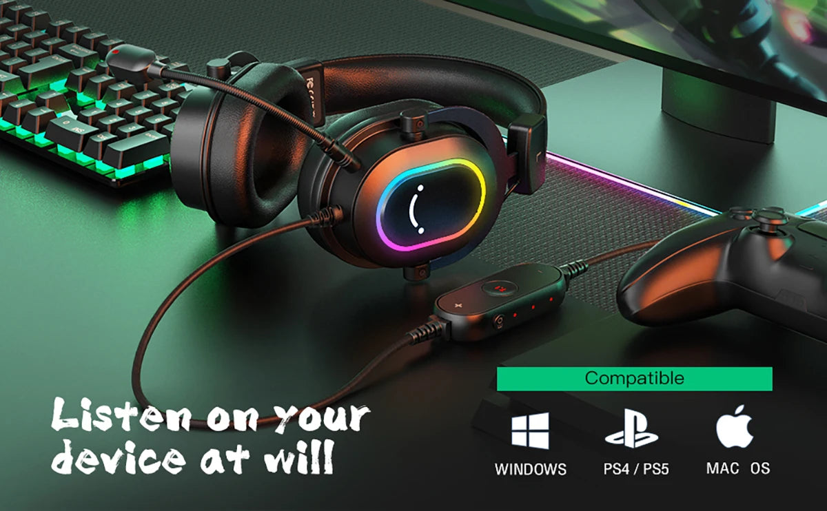 Auriculares gaming FIFINE RGB con micrófono – auriculares con cable circumaurales con sonido envolvente 7.1 para PC, PS4 y PS5 con 3 modos de ecualización