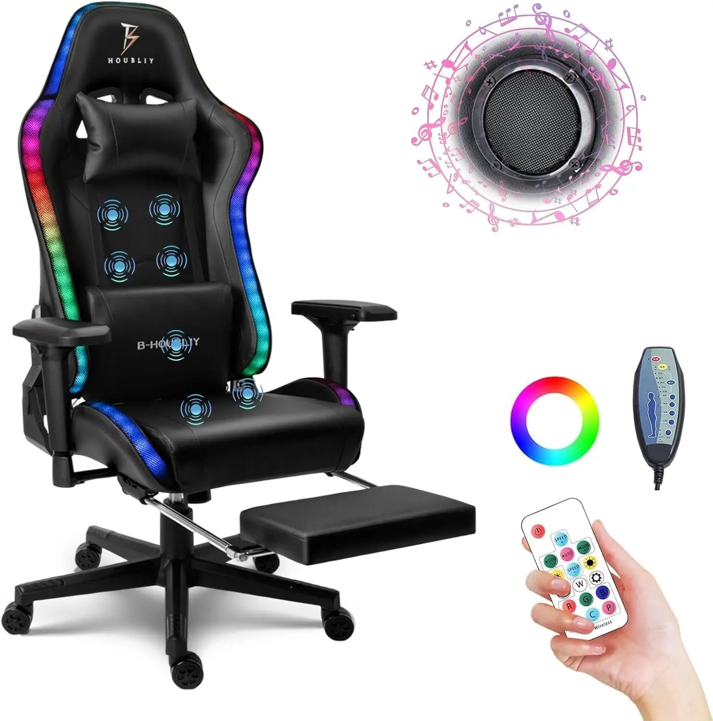 Cadeira Gaming de Massagem com Colunas e Luzes LED RGB, Cadeira Gaming Ergonómica para Computador com Apoio Lombar, Giratória e Ajustável