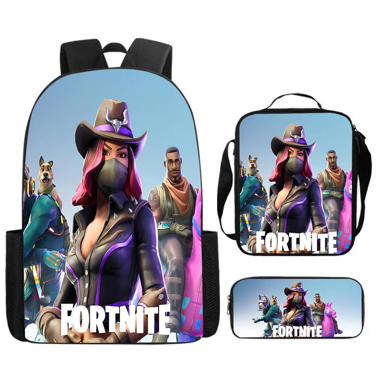 Conjunto Fortnite Cartoon de 3 peças, grande capacidade, adequado para rapazes e raparigas dos 5 aos 8 anos, inclui mochila, lancheira e estojo