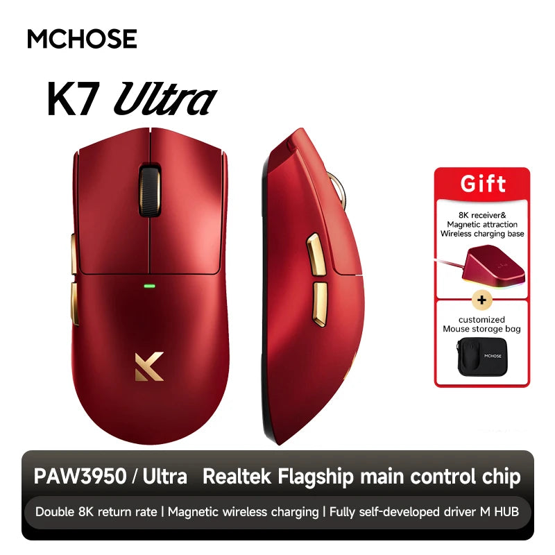 MCHOSE K7 Ultra Wireless Gaming Mouse with 8K Polling Rate, PAW3950 Sensor, Magnetic Charging Dock, 42,000 DPI Lightweight Esports Mouse