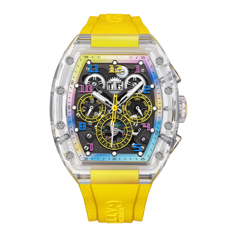 BONEST GATTI Automatic Watch Tonneau Mechanical Wristwatch K9 Crystal Case Rubber Strap Multi Dial Watches For Men