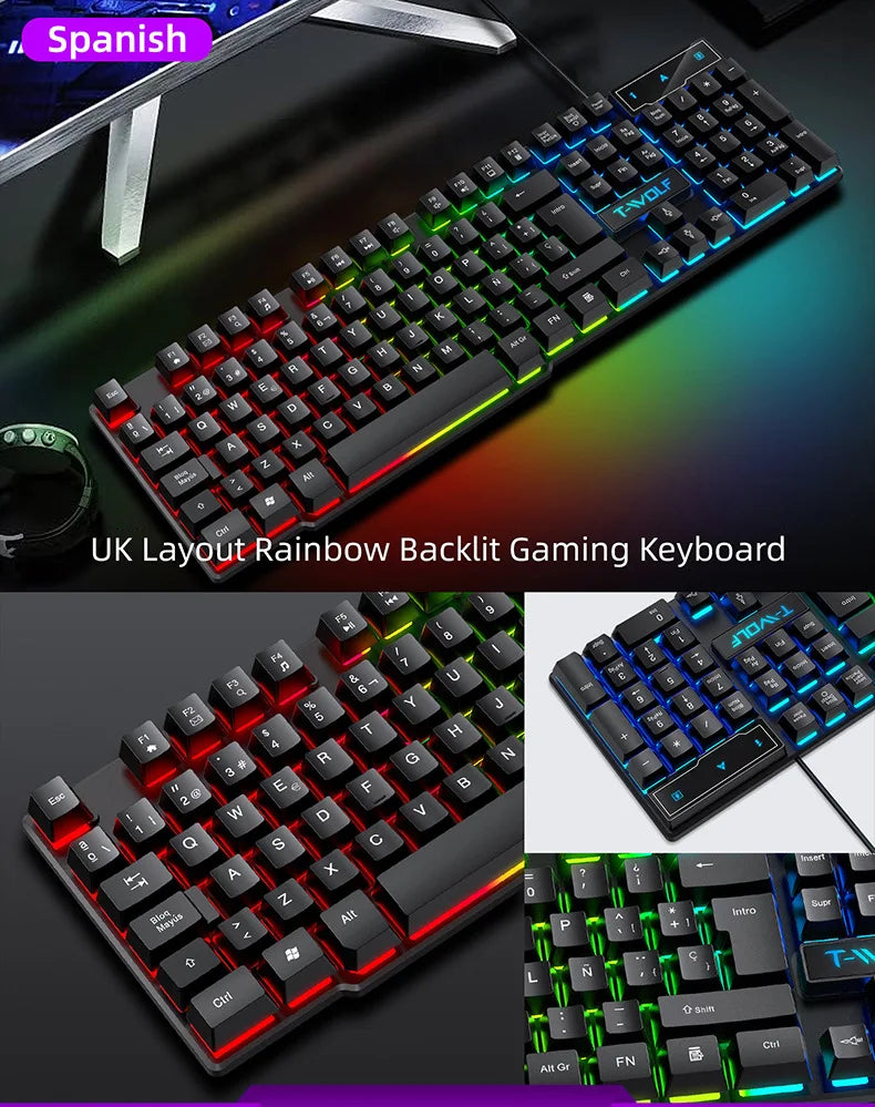 Teclado gaming con sensación mecánica, retroiluminación RGB, teclado con cable USB para oficina y hogar, teclas multimedia, ruso, español, árabe e inglés