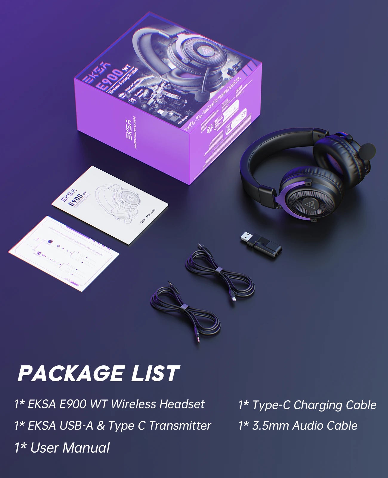 OneOdio EKSA E900 WT Wireless Gaming Headset Tri-Mode Bluetooth 5.3, 2.4GHz RGB Gaming Headset with Noise Cancelling Mic, 80H Battery for PC, PS5, PS4