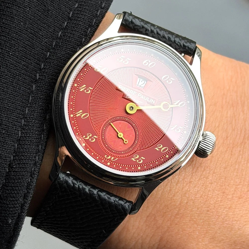 Sapphire Crystal NEW Pierre Paulin Jumping Hour Men Watch Salmon Dial Automatic St17 Mechanical Watch Vintage Date Window
