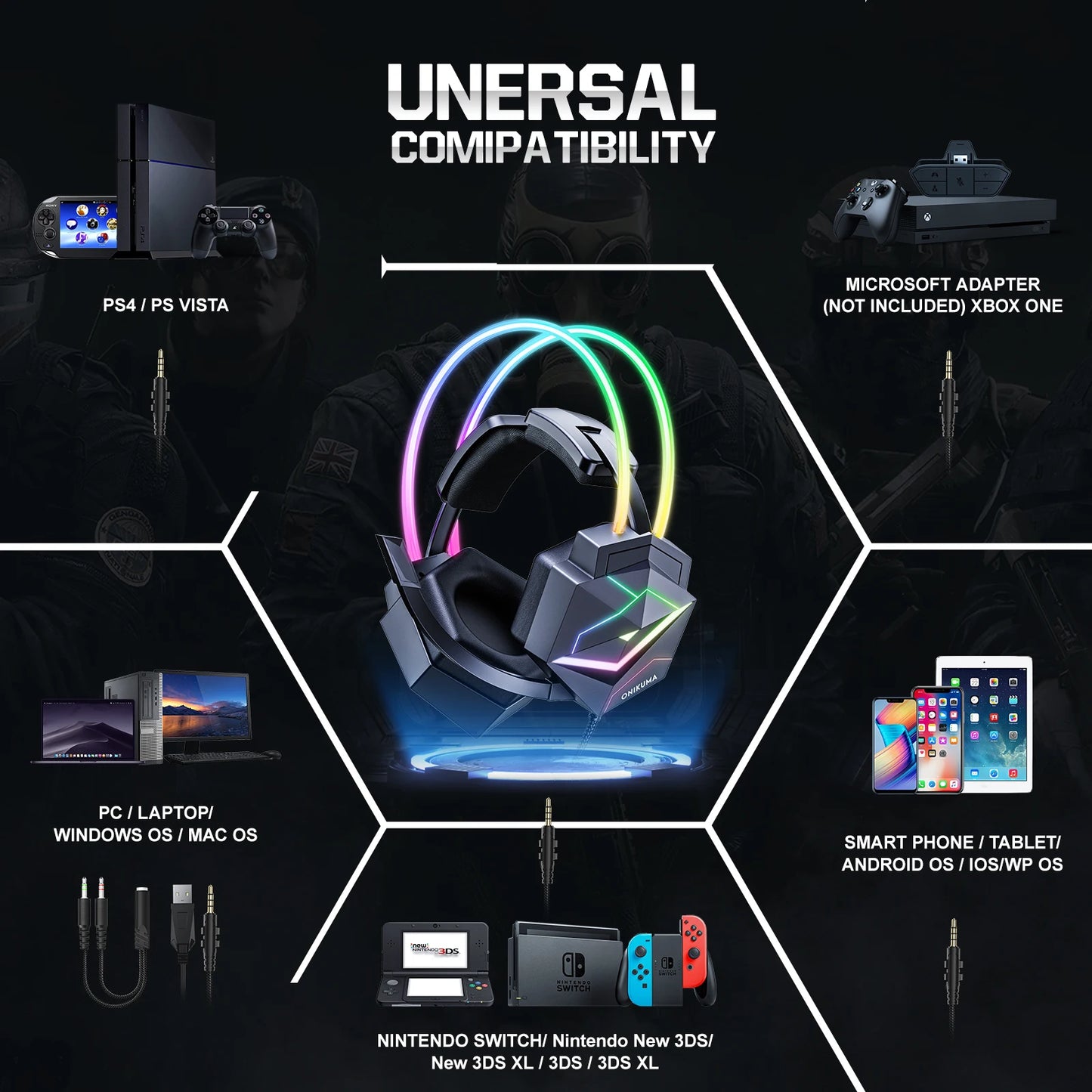 ONIKUMA X20 Gaming Headset RGB Wired Gaming Headphones with Mic, Surround Sound Bass Over-Ear Gaming Headset for PS5, PC, Xbox & Laptop