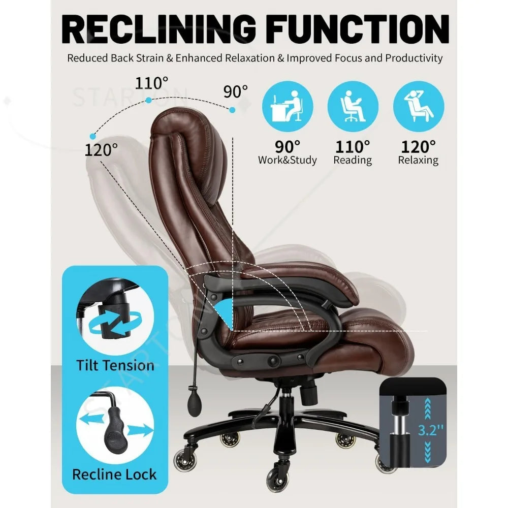 Silla de oficina grande y alta de 500Lbs, asiento ancho con muelles, diseño ejecutivo, silla de escritorio giratoria 360 con ruedas resistentes