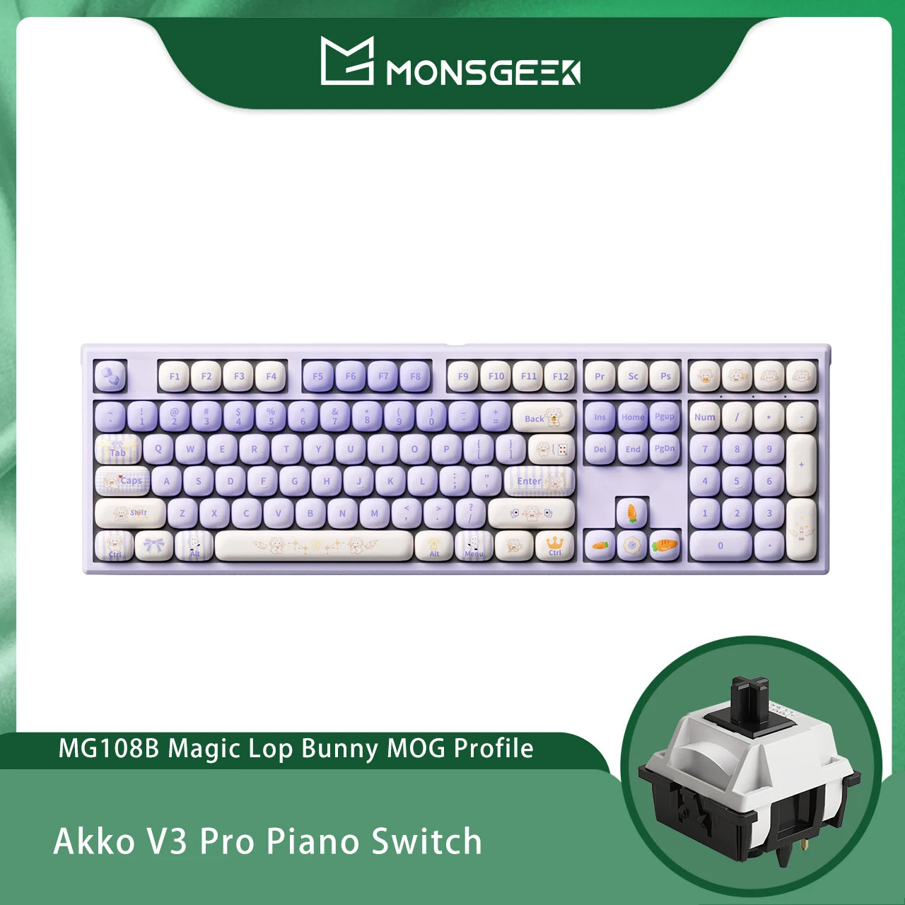 Tastiera meccanica wireless Akko MonsGeek MG108B Bun Wonderland, profilo MOG, RGB, 108 tasti, formato full size, hot swap, USB / 2.4G / BT 5.0