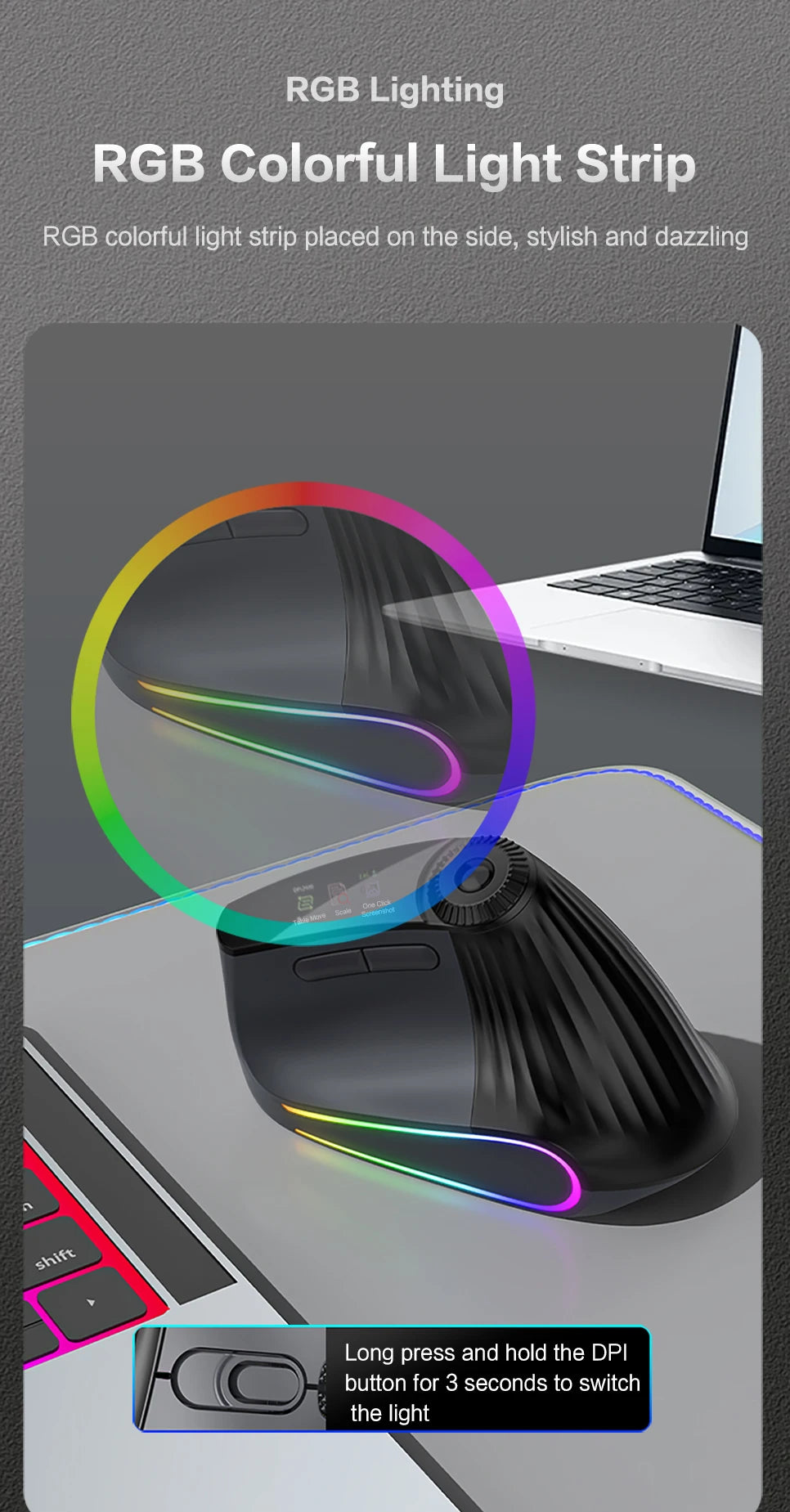 Wireless Ergonomic Mouse with Smart Flying Scroll, Bluetooth & 2.4G Rechargeable RGB Backlit Ergonomic Mouse, Adjustable DPI Gaming Mouse for PC, Laptop & Mac