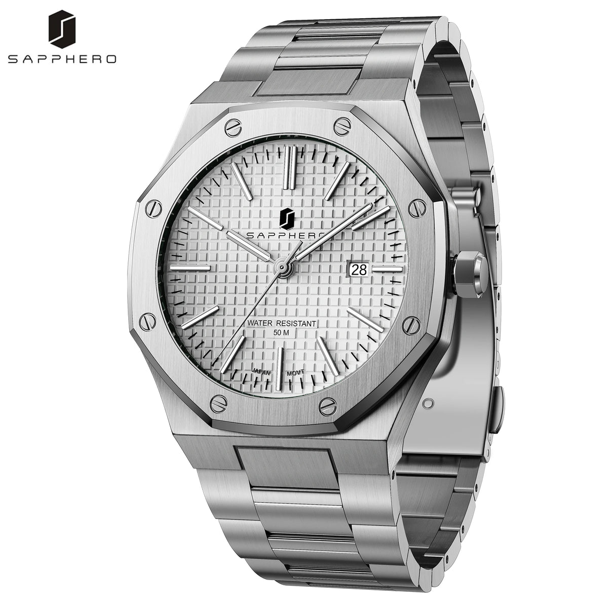 SAPPHERO Men’s Analog Watch Stainless Steel Japan Quartz Movement Date Display 50m Waterproof Classic Business Casual Wristwatch