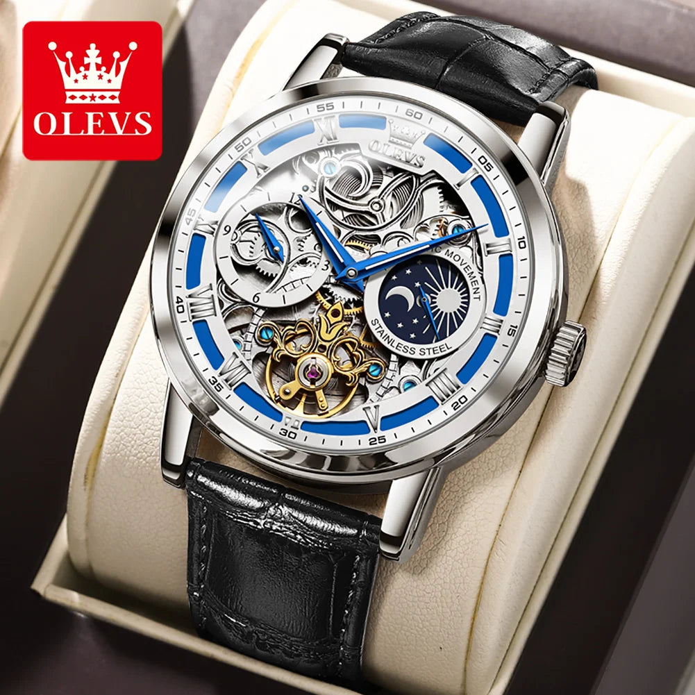 OLEVS Top Brand Men's Skeleton Mechanical Watch Waterproof Leather Strap Men Moon Phase Automatic Tourbillon Wristwatch for Men