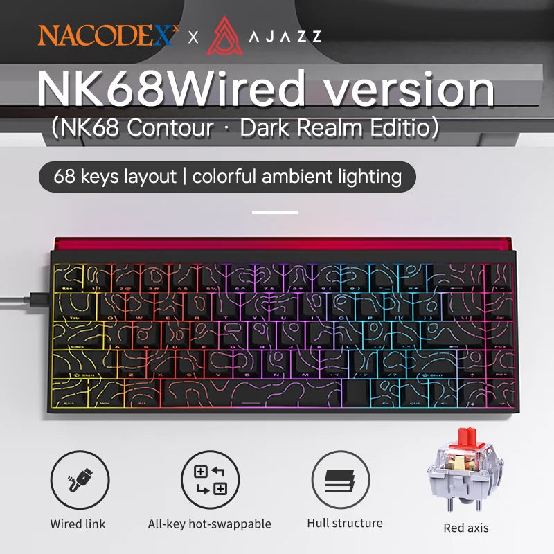 AJAZZ Mini 65% Gaming Mechanical Keyboard, 68 Keys with Red Switches, Compact Wired Office Keyboard, Stunning Lighting Effects, Self-Service Plug and Play, Supports Multiple Systems, Suitable for Gaming Mechanical Backlit Key