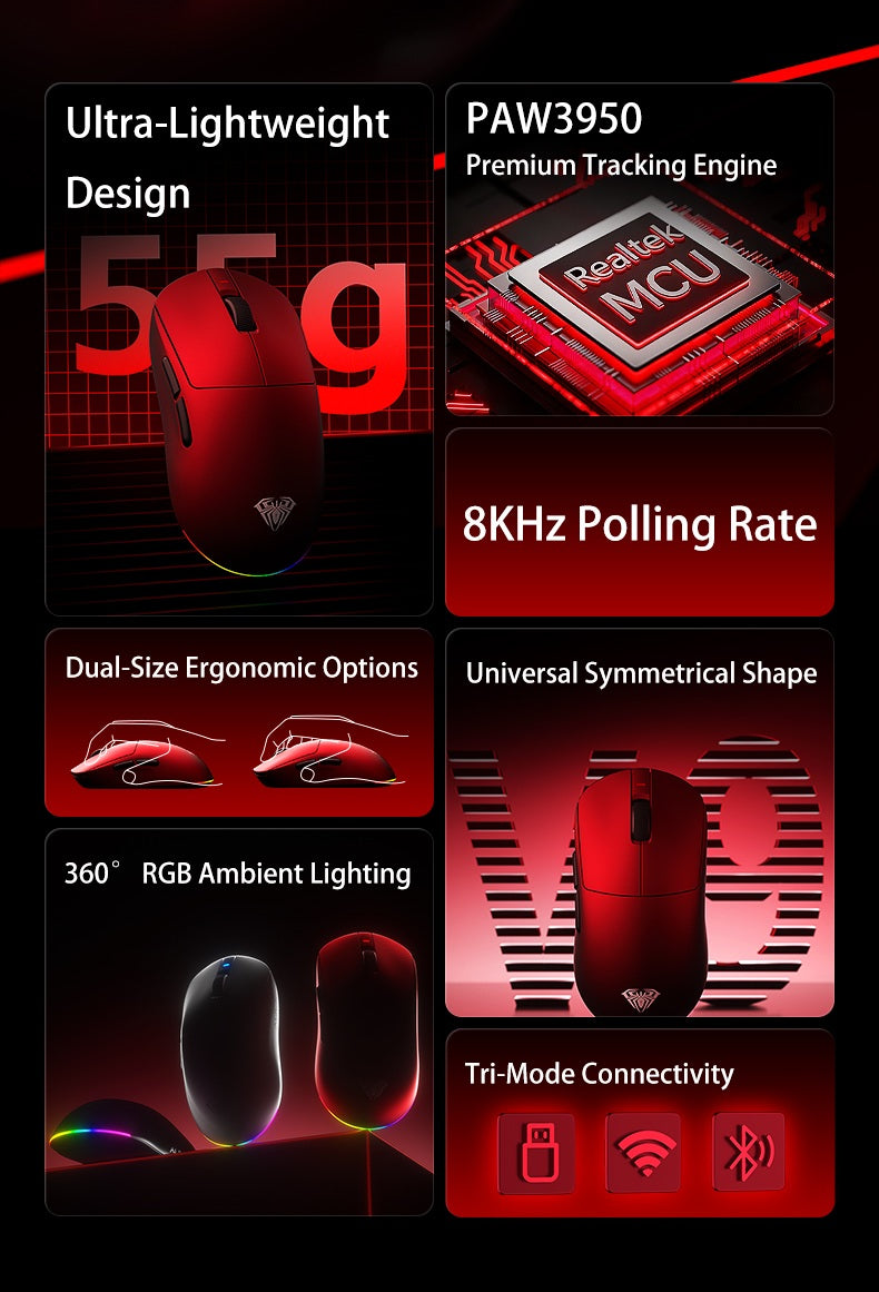 AULA V9 Ultra Wireless Gaming Mouse PAW3950, 8K Polling Rate, Tri-Mode Lightweight Ergonomic Gaming Mouse for PC & Esports