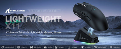 ATTACK SHARK X11 Wireless Gaming Mouse with Charging Dock, PixArt PAW3311 Sensor, Tri-Mode Bluetooth, 2.4G & Wired RGB Gaming Mouse