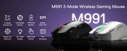 Redragon M991 kabellose Gaming-Maus 26000 DPI, 3 Modi, 9 Makro-Tasten, RGB-Hintergrundbeleuchtung, Schwarz