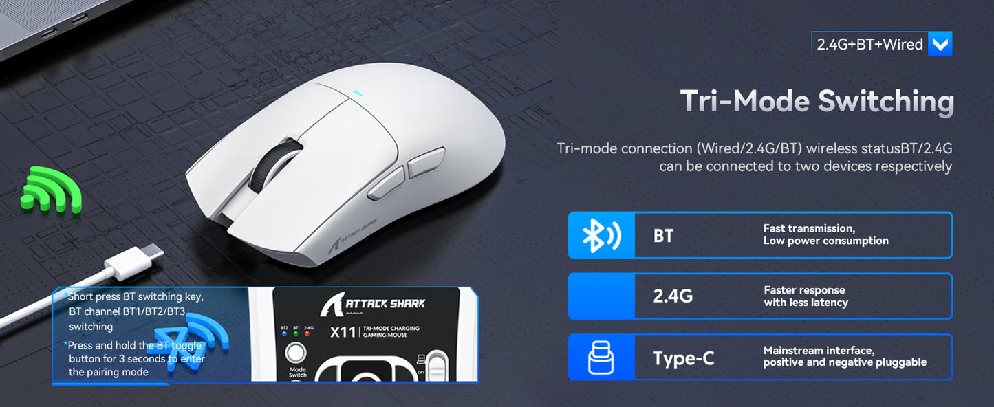 ATTACK SHARK X11 Wireless Gaming Mouse with Charging Dock, PixArt PAW3311 Sensor, Tri-Mode Bluetooth, 2.4G & Wired RGB Gaming Mouse