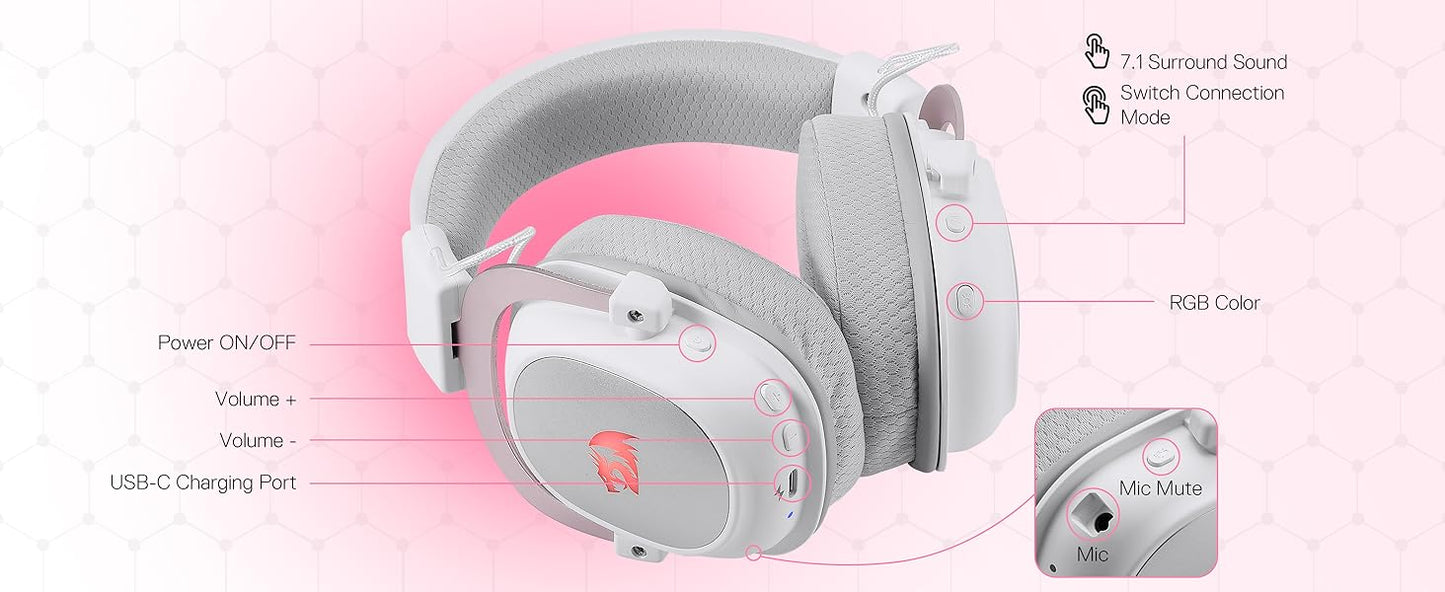 Redragon H510 PRO 3-Mode RGB Gaming 7.1 Surround Sound Headset,53MM Audio Drivers in Memory Foam Ear Pads Headphone