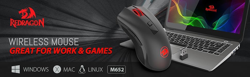 Redragon M652 optički 2.4G bežični miš s USB prijamnikom, prijenosni miš za gaming i ured, 5 podesivih razina DPI-ja