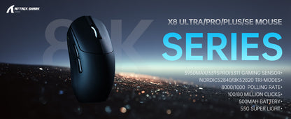 ATTACK SHARK X8 Ultra 8KHz Wireless Gaming Mouse, 55g Superlight Gaming Mouse, PAW3950MAX Sensor, 42,000 DPI, Tri-Mode Bluetooth & USB Gaming Mouse