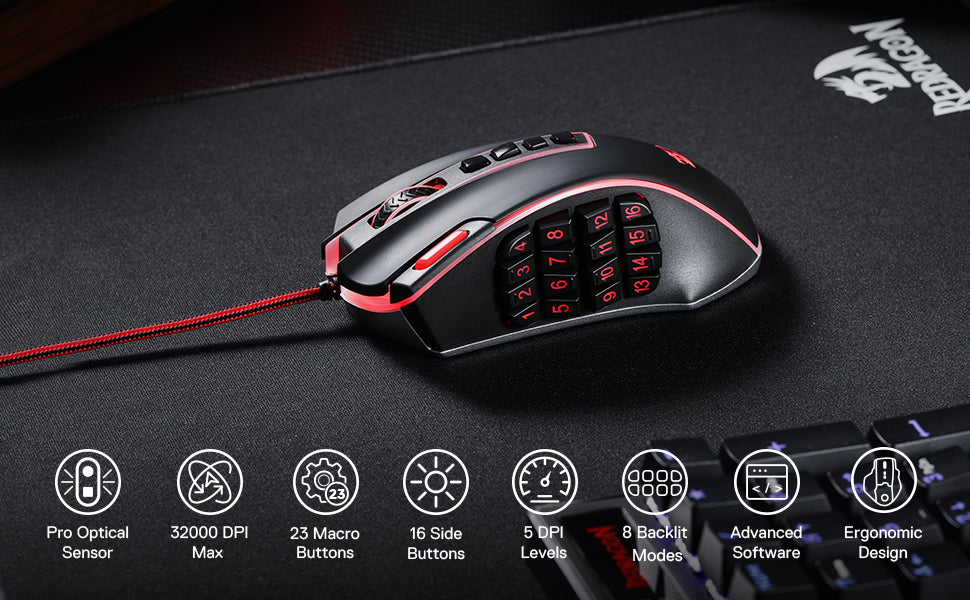 Herná myš Redragon M990 MMO, 32000 DPI, vysoko presná káblová RGB myš pre hráčov s 23 programovateľnými tlačidlami, 16 bočnými makro klávesmi