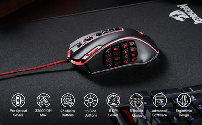 Herná myš Redragon M990 MMO, 32000 DPI, vysoko presná káblová RGB myš pre hráčov s 23 programovateľnými tlačidlami, 16 bočnými makro klávesmi
