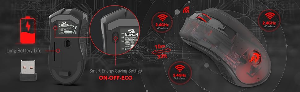 Redragon M652 optički 2.4G bežični miš s USB prijamnikom, prijenosni miš za gaming i ured, 5 podesivih razina DPI-ja