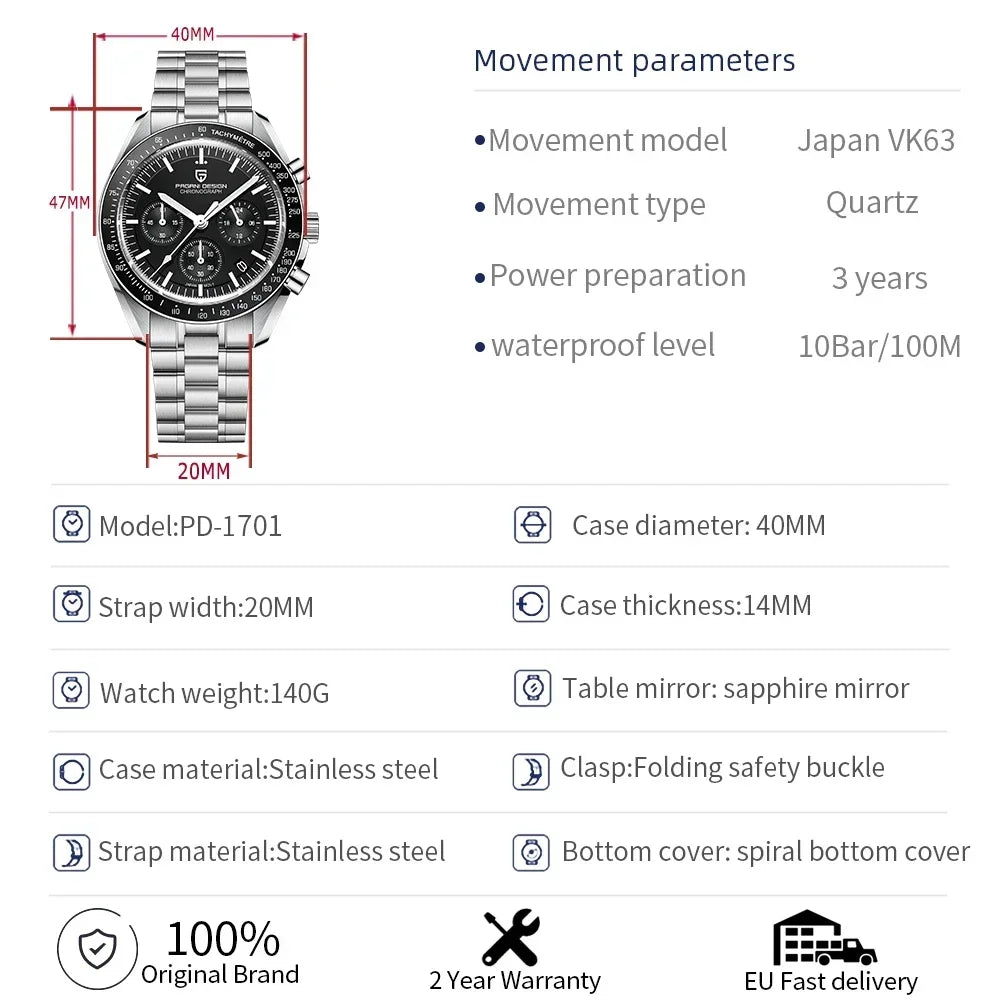 2026 New PAGANI DESIGN V6 Moon Mens Watch Speed Sports Chronograph Quartz Watch Men AR Sapphire Ceramic Bezel safe Clock