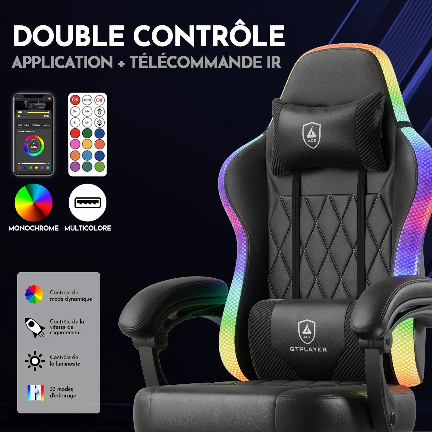 GTPLAYER Gaming Chair Ergonomic Office Chair with RGB LED Light, Adjustable Reclining Gamer Chair with Footrest, Lumbar Support & Storage Bag