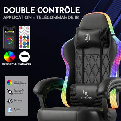 GTPLAYER Gaming Chair Ergonomic Office Chair with RGB LED Light, Adjustable Reclining Gamer Chair with Footrest, Lumbar Support & Storage Bag