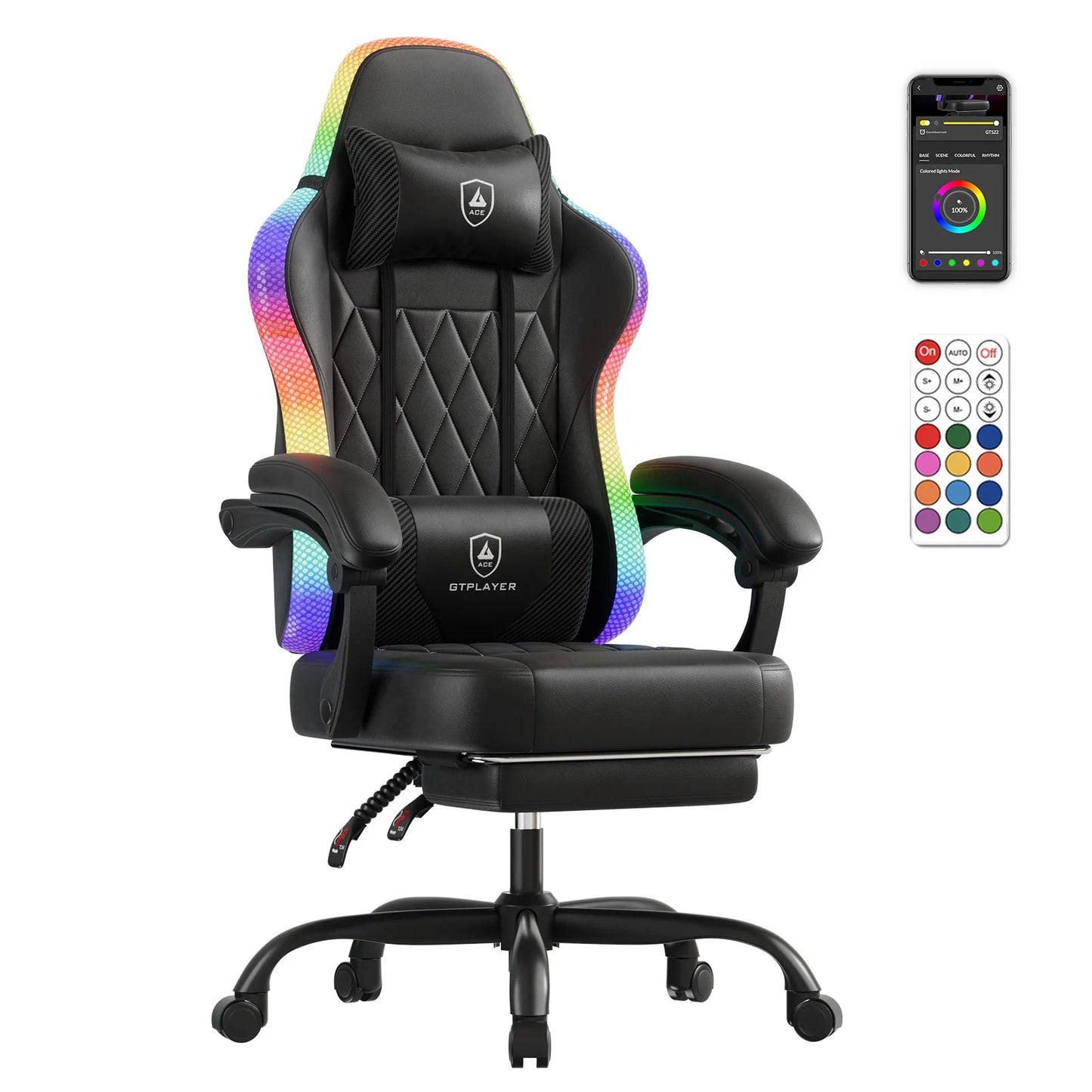 GTPLAYER Gaming Chair Ergonomic Office Chair with RGB LED Light, Adjustable Reclining Gamer Chair with Footrest, Lumbar Support & Storage Bag