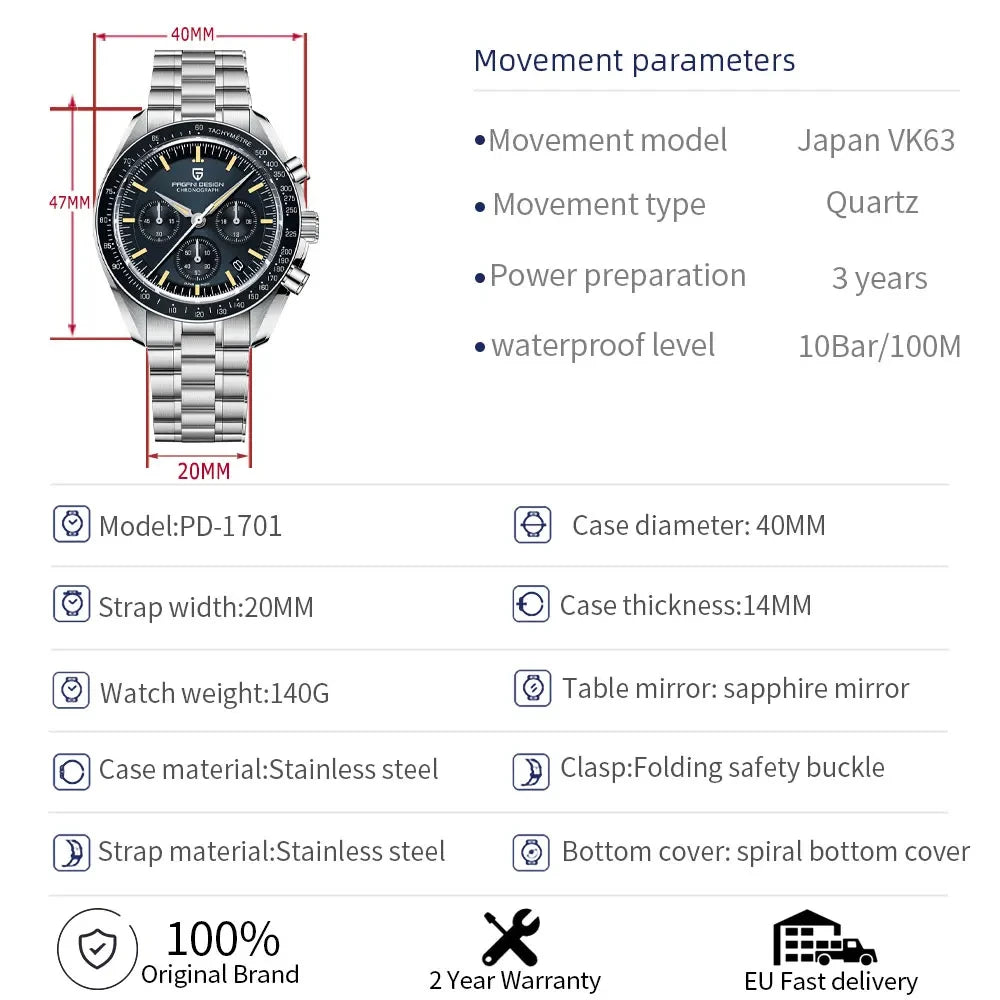 PAGANI DESIGN 2026 New V6 Moon Men's Watch Luxury Quartz Speed Sports Chronograph Watch For Men Watch AR Sapphire Glass Local Shipping