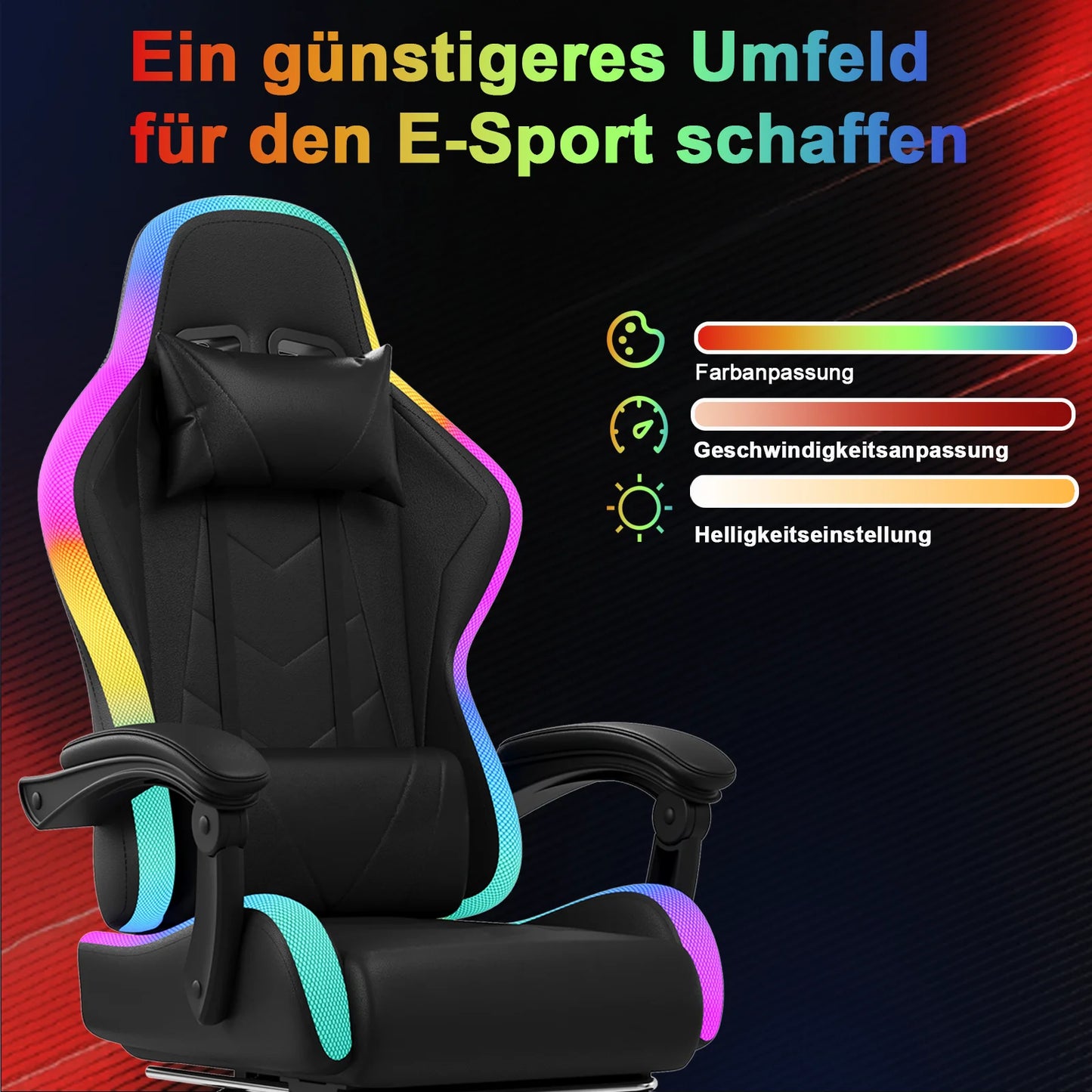 Devoko RGB Gaming Chair Ergonomic Fabric Gaming Chair with Footrest, Adjustable Headrest, LED Lights, Reclining Office Computer Gaming Chair